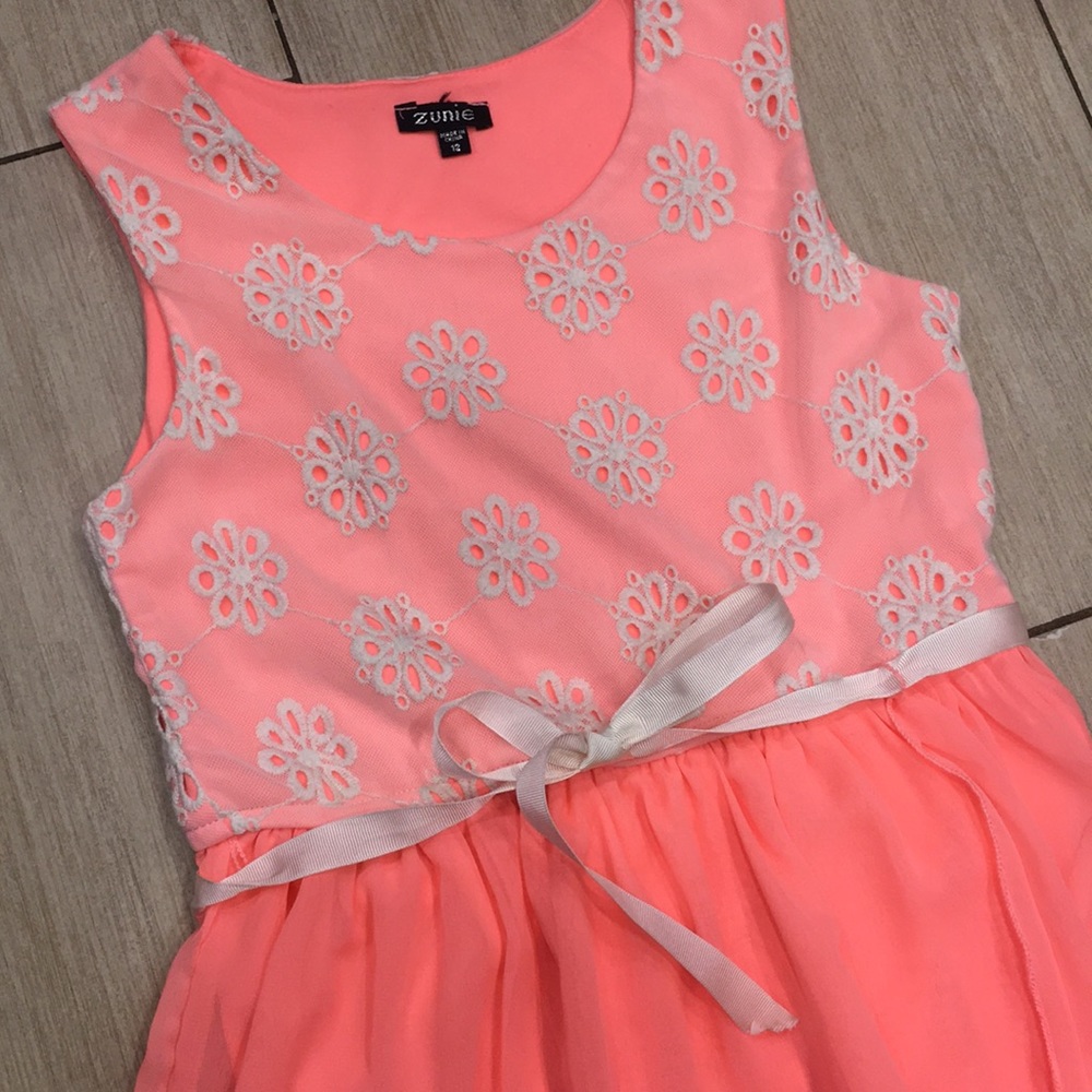Gorgeous coral neon and white crochet dress. - Picture 2 of 8